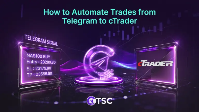 Illustration showing how to automate trades from Telegram to cTrader using a signal copier, including Telegram trade signals, entry, stop loss, and take profit execution